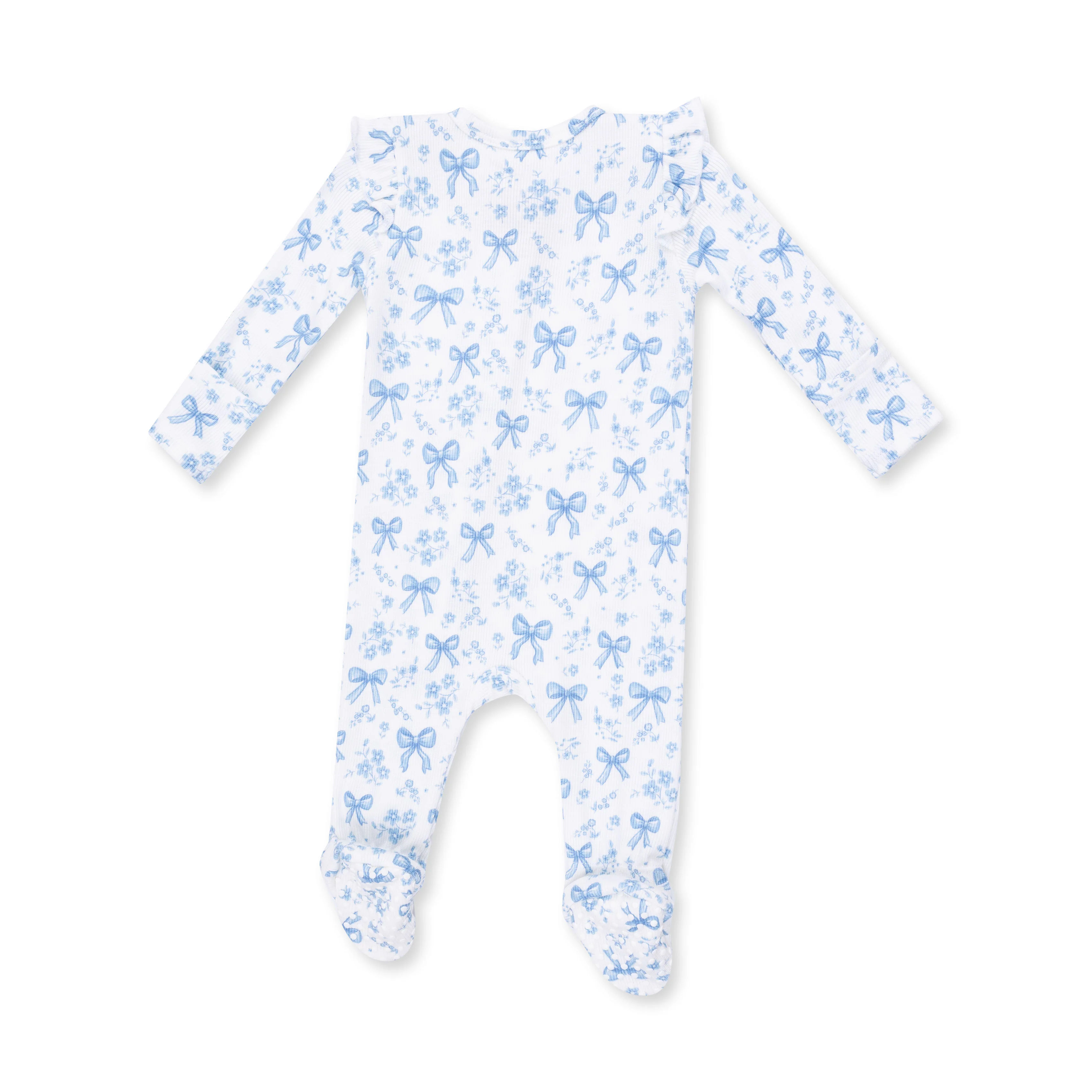 Blue Bows and Flowers - 2 Way Ruffle Sleeve Zipper Footie - Image 3
