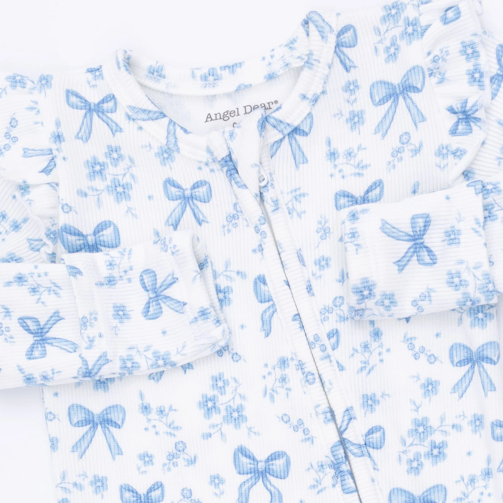 Blue Bows and Flowers - 2 Way Ruffle Sleeve Zipper Footie - Image 4