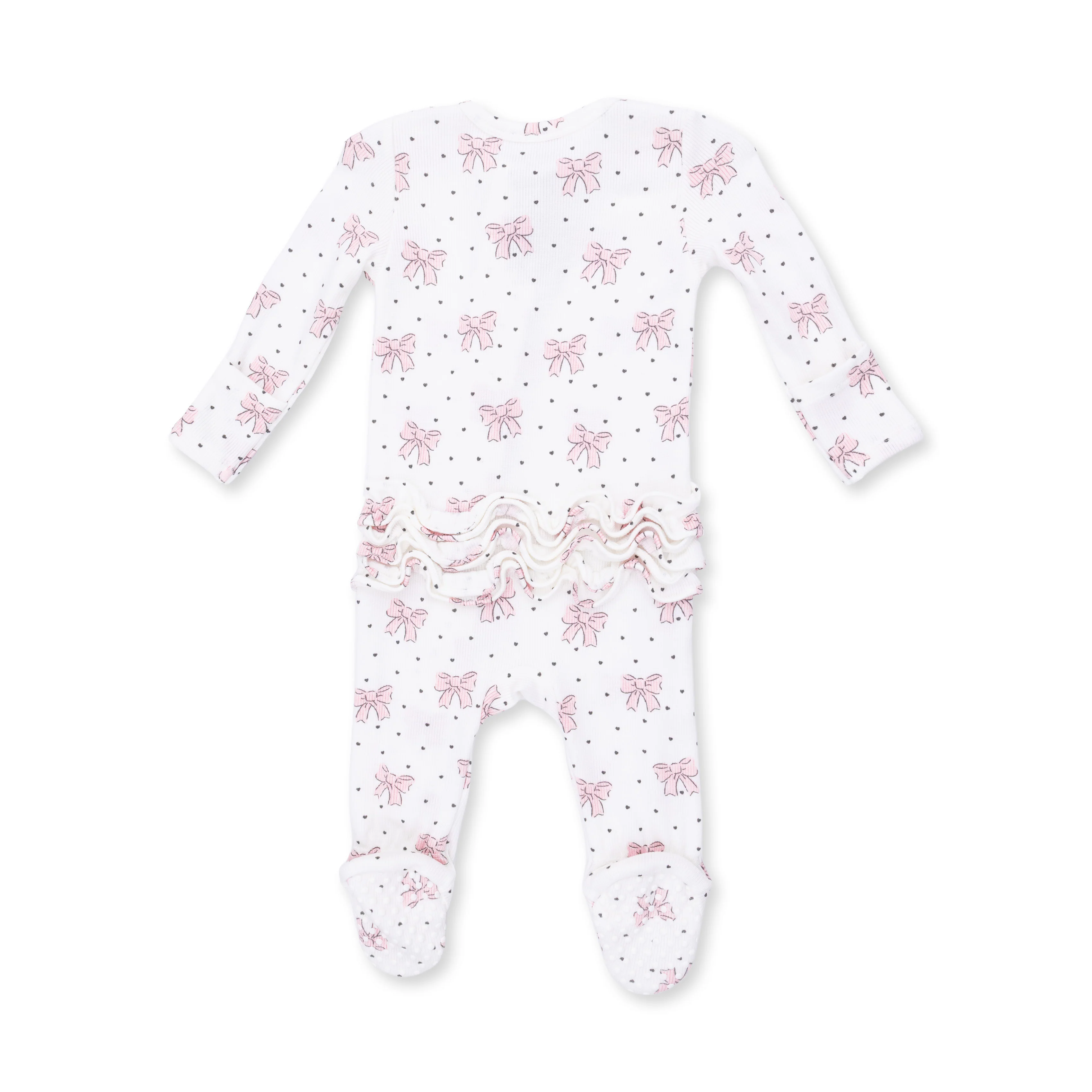 Bows and Hearts - 2 Way Ruffle Back Zipper Footie - Image 2