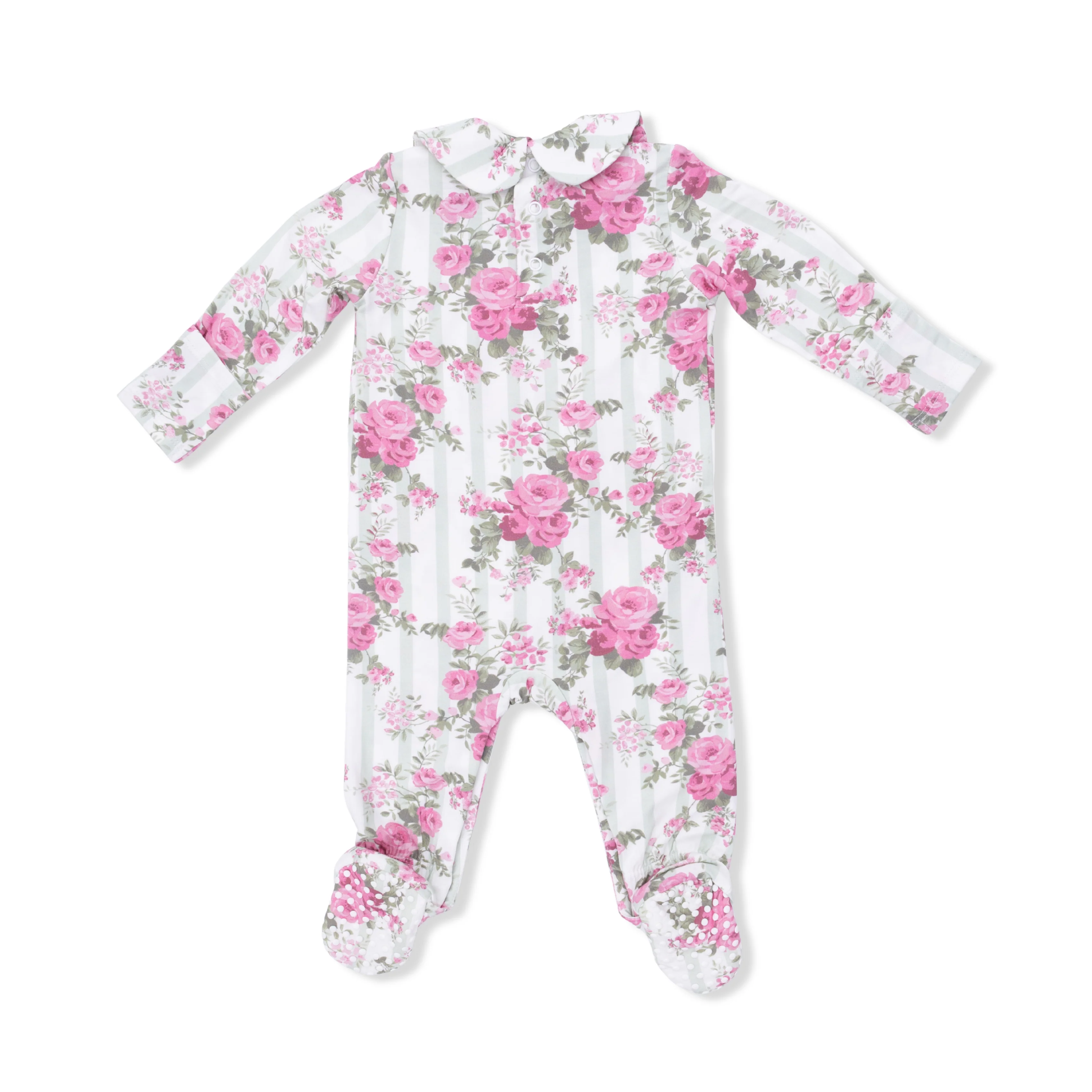 Cabbage Rose Stripe - Smocked Peter Pan Snap Footie - Image 3