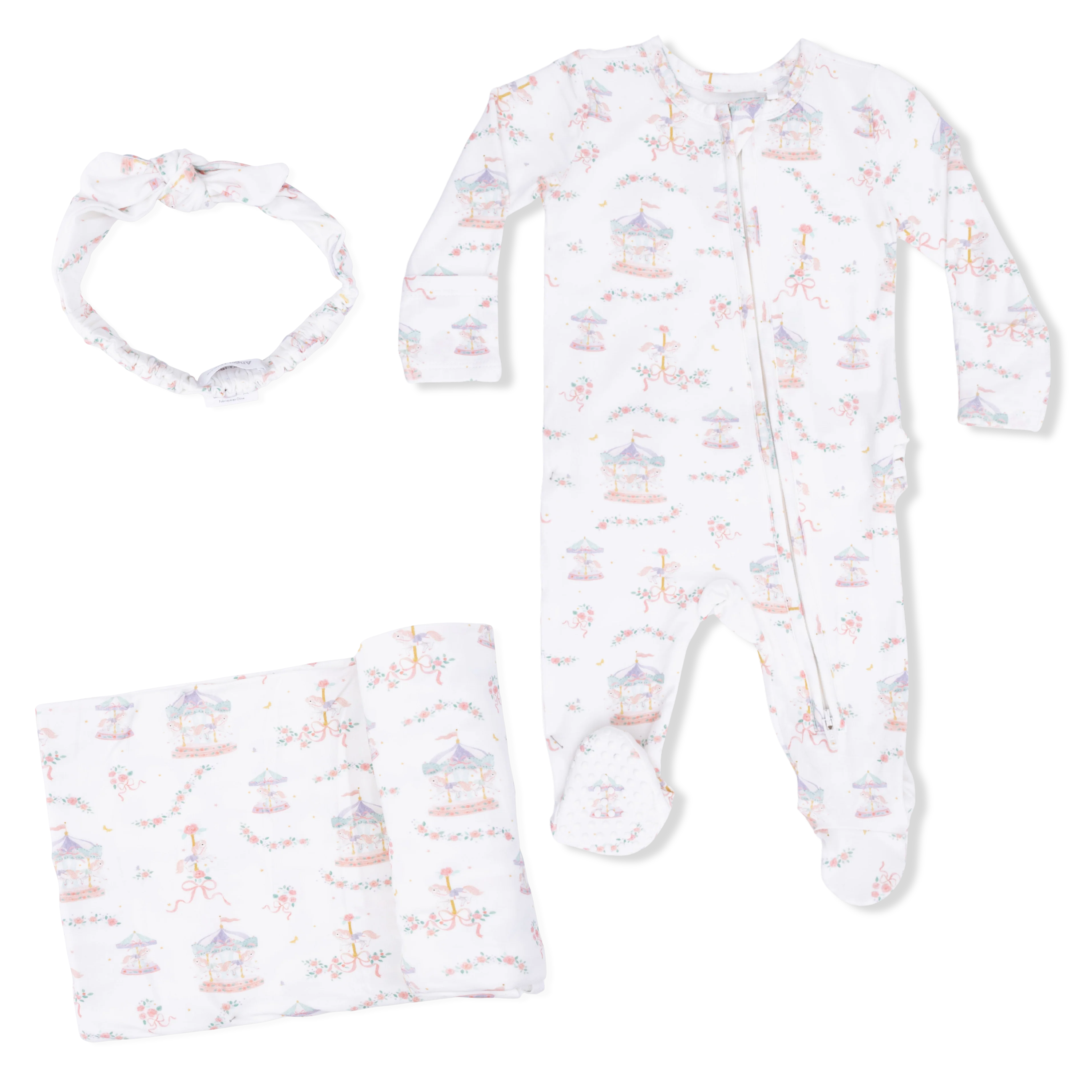 Carousel with Bows - 2 Way Ruffle Back Zipper Footie, Headband, & Swaddle Blanket Set