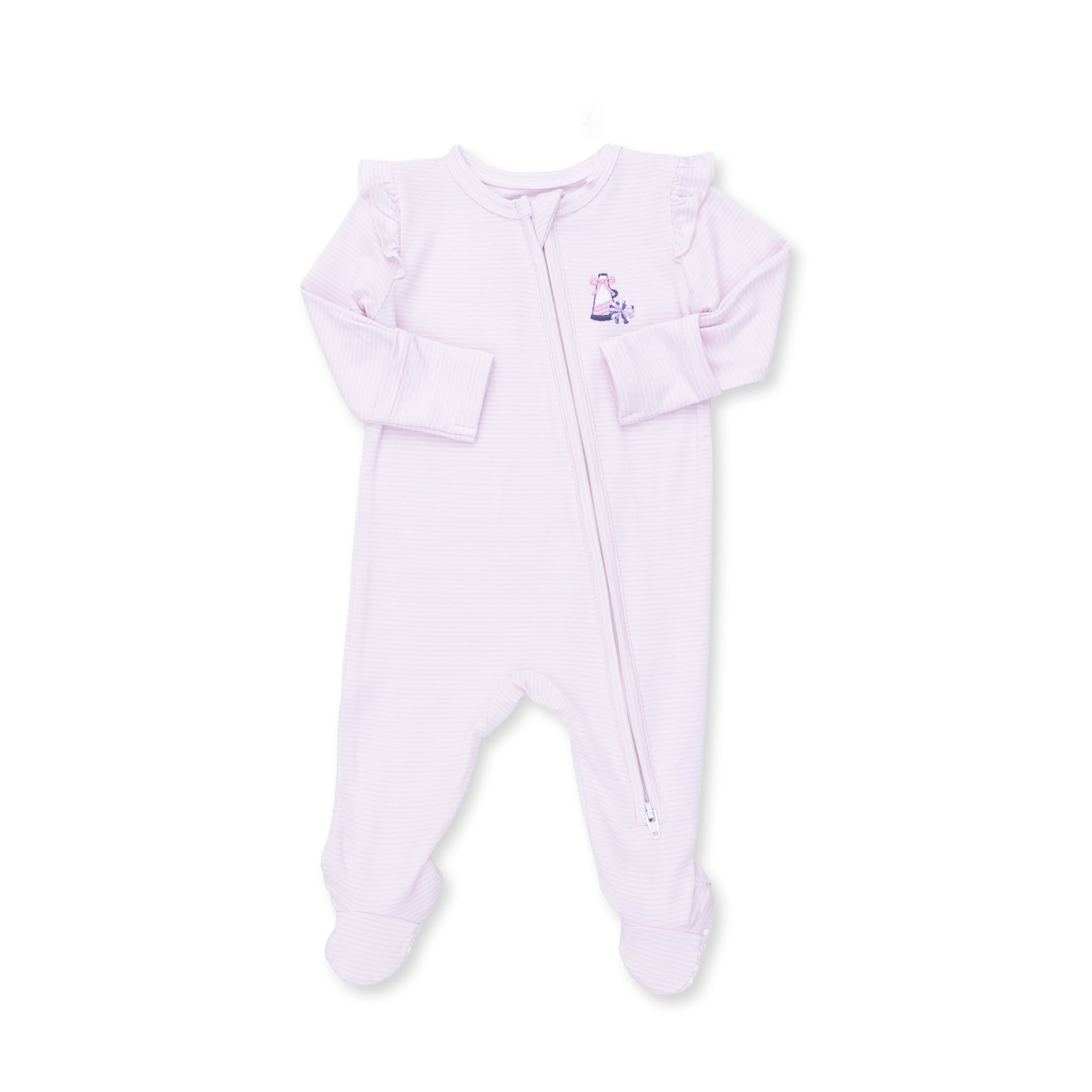 Cheer Pink Micro Stripe - 2 Way Ruffle Sleeve Zipper Footie - Image 2