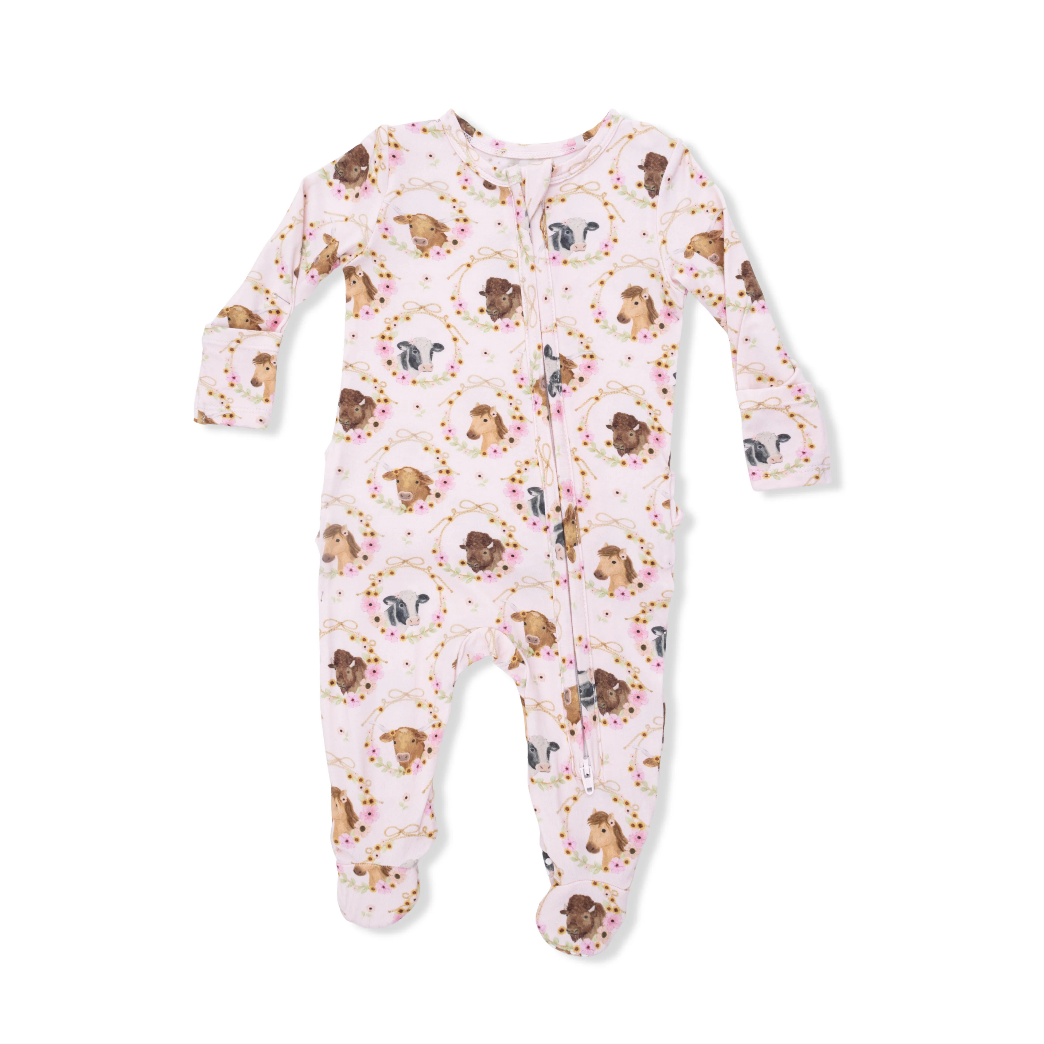 Farm Animals Floral Cameos Pink - 2 Way Ruffle Back Zipper Footie - Image 3