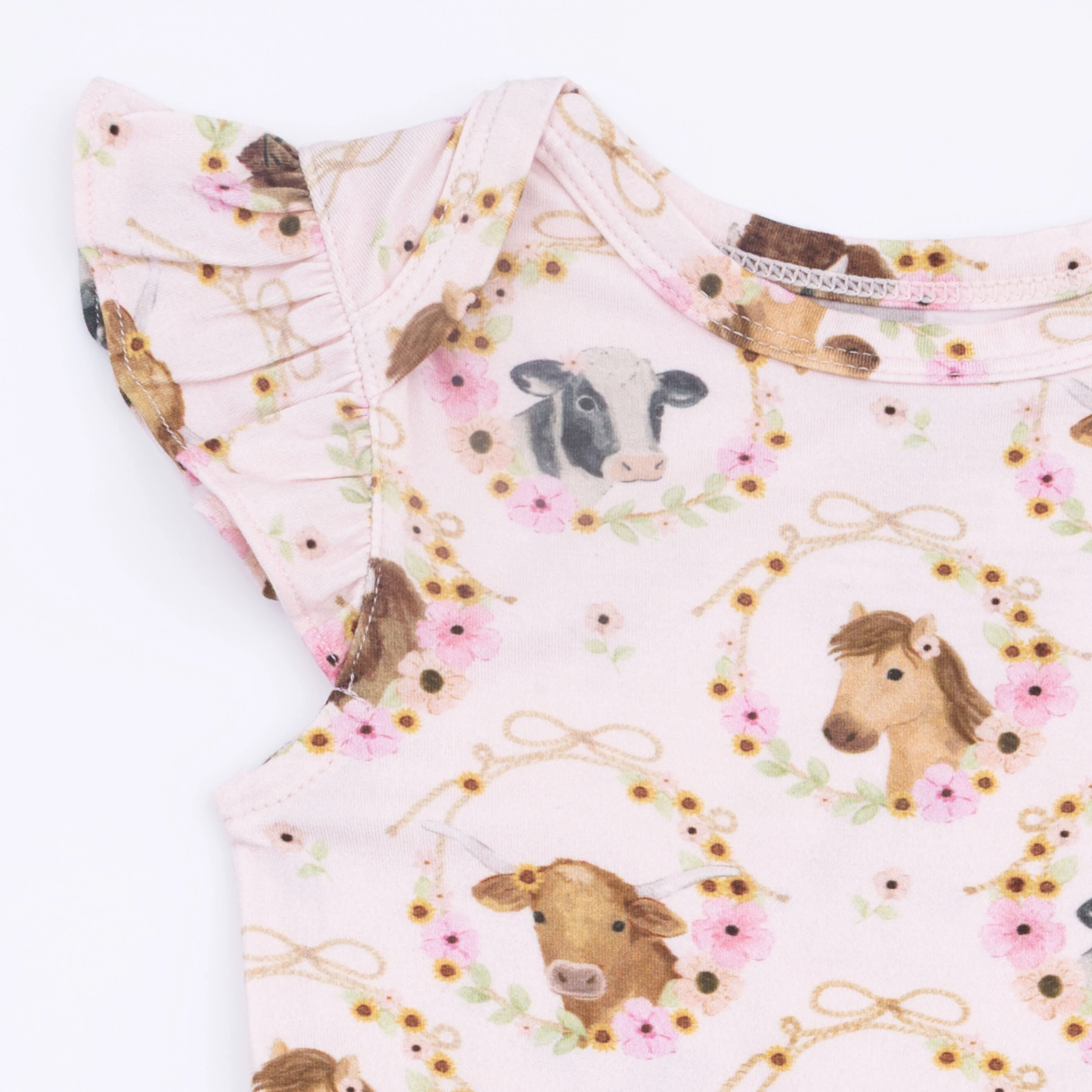 Farm Animals Floral Cameos Pink - Ruffle Sleeve Bodysuit - Image 3