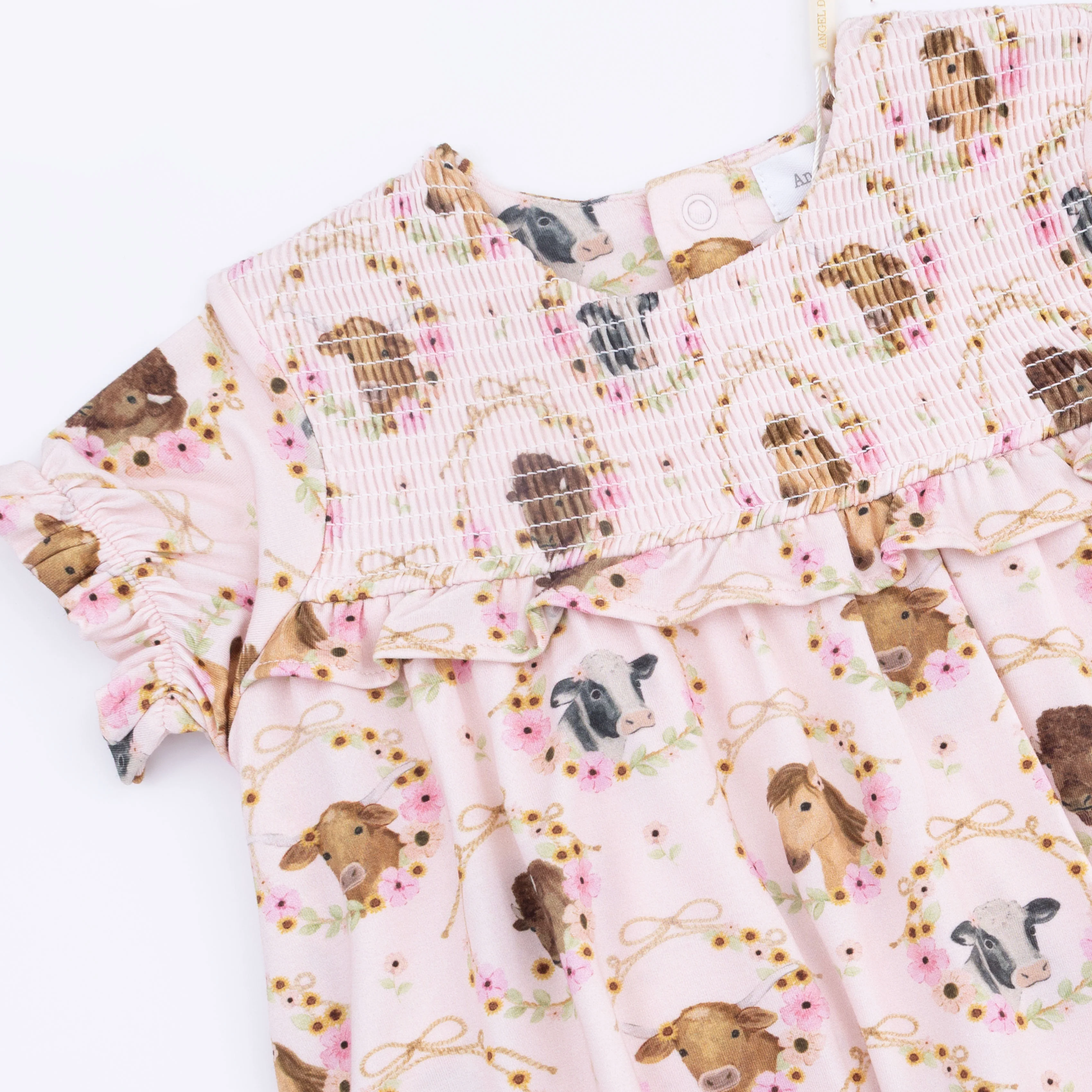 Farm Animals Floral Cameos Pink - Smocked Ruffle Bubble with Skirt - Image 4