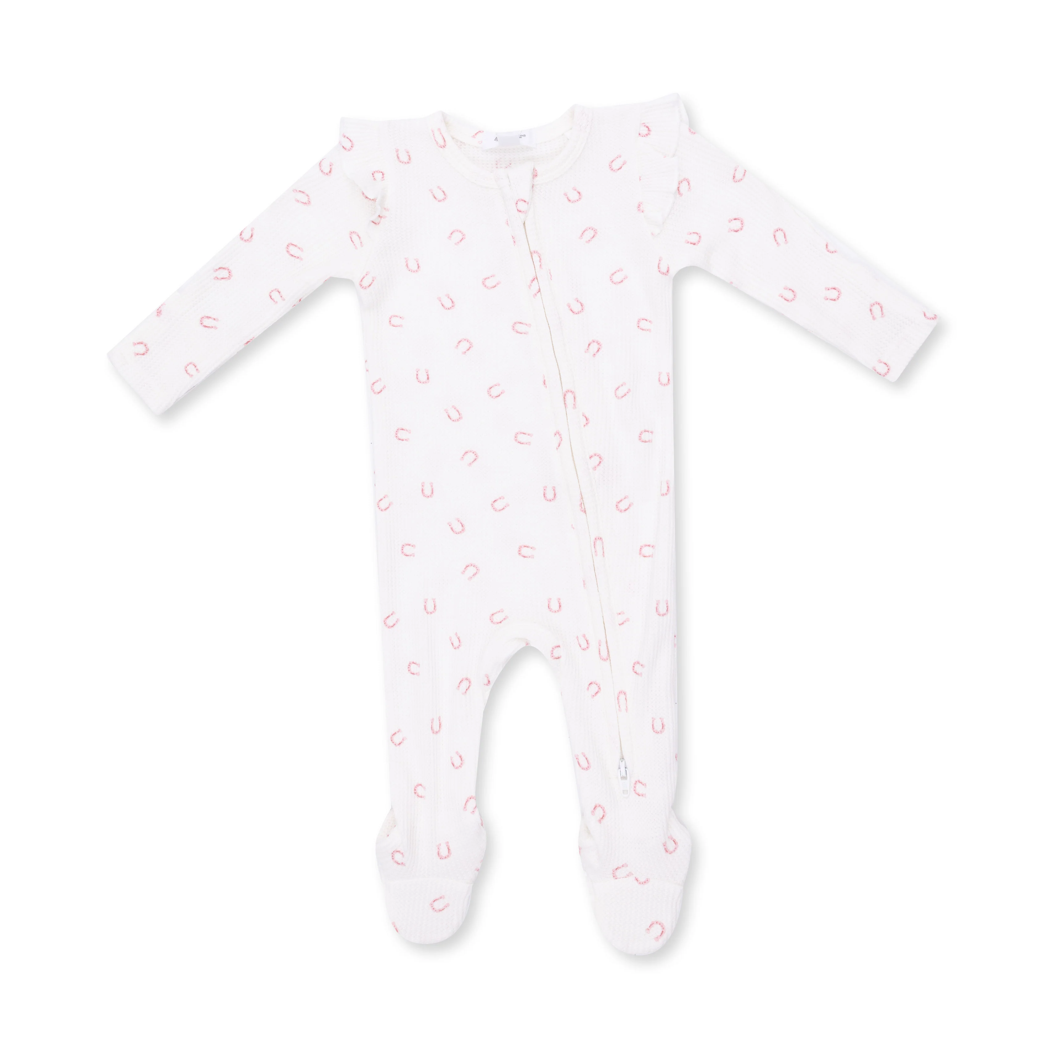 Little Horseshoes Pink - 2 Way Ruffle Sleeve Zipper Footie