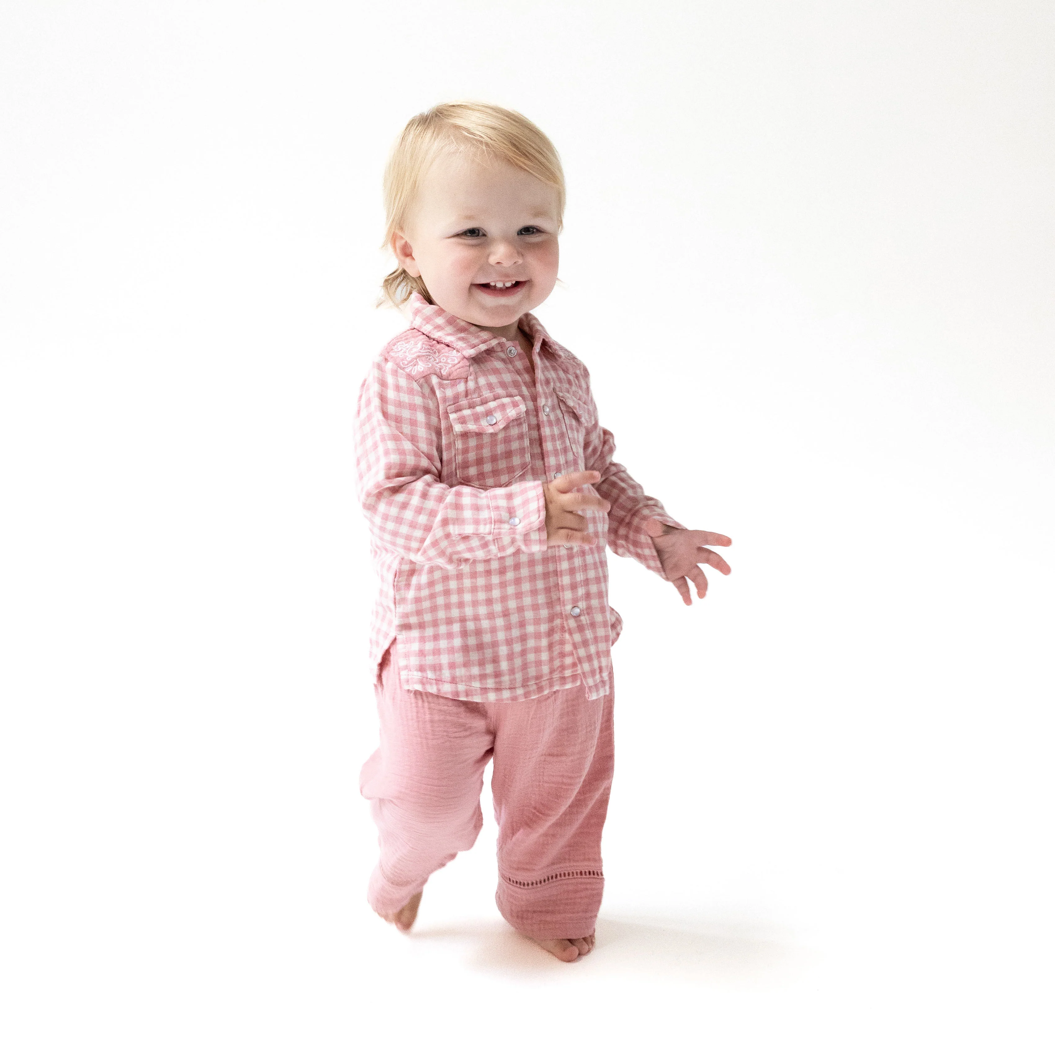 Rose Pink Plaid - Long Sleeve Western Pearl Snap Shirt