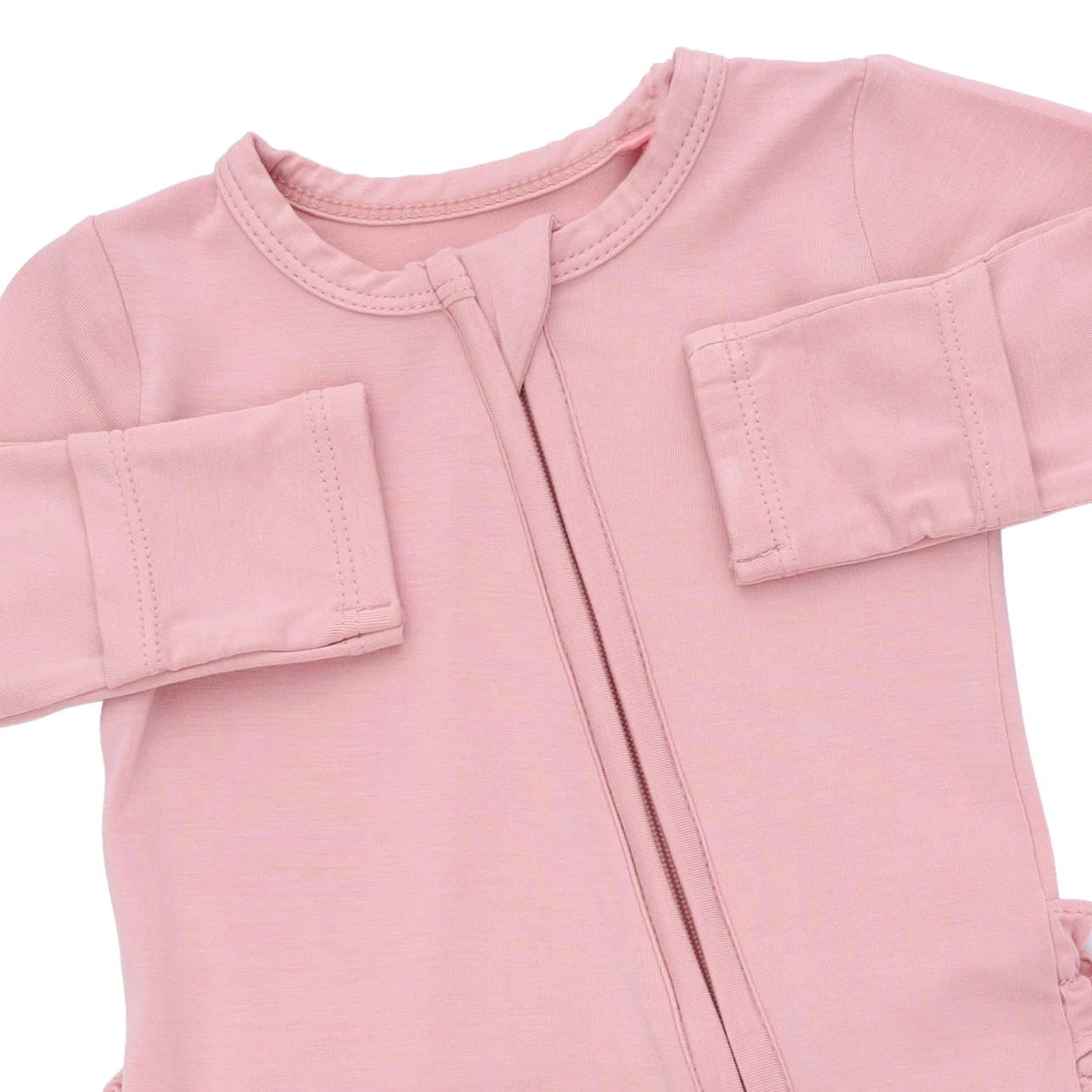 Solid Mellow Rose - 2 Way Ruffle Back Zipper Footie - Image 3