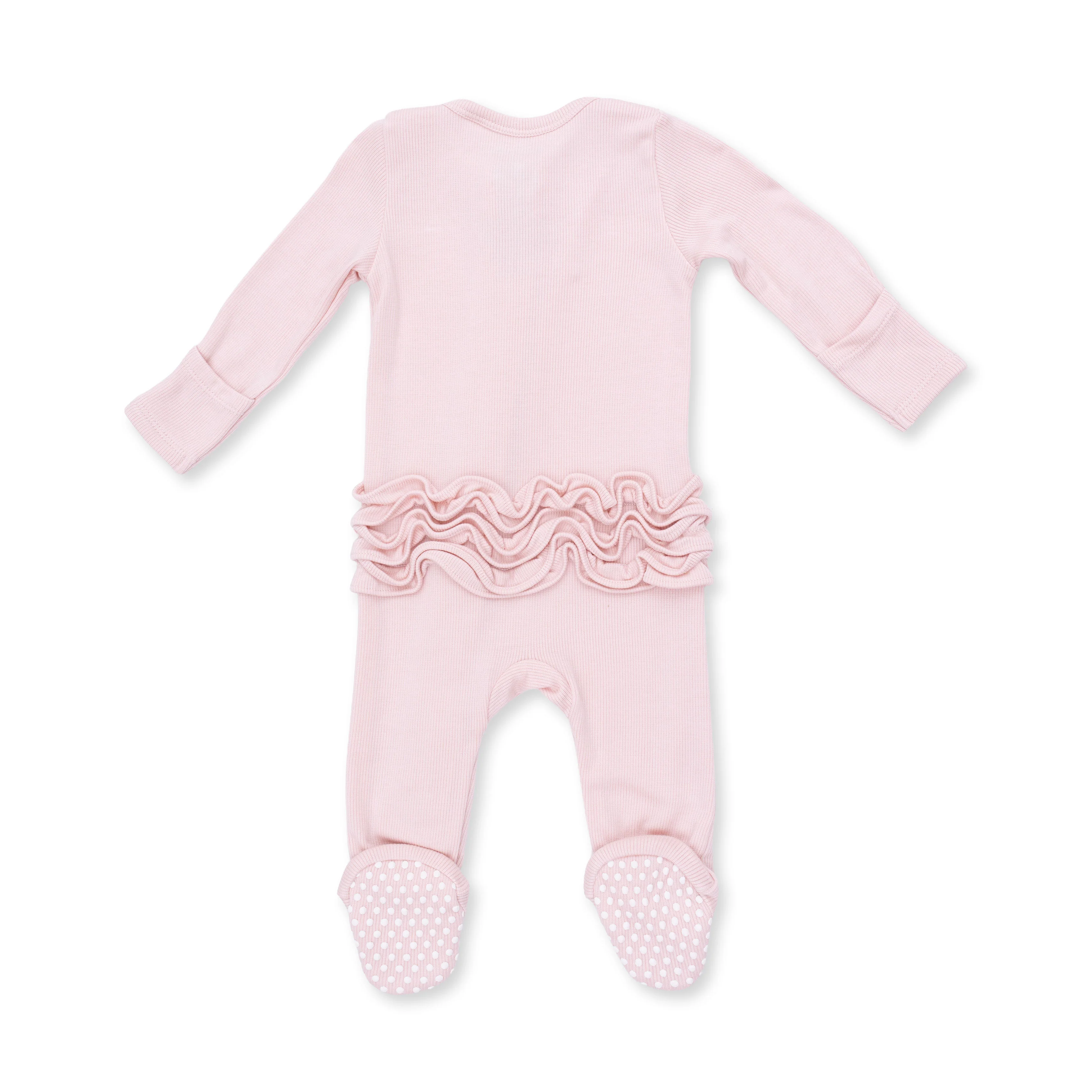 Solid Veiled Pink Rib - 2 Way Ruffle Back Zipper Footie - Image 2